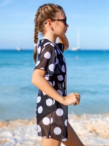 Girls Polka Dot Print Drawstring Waist Mesh Kimono - Black - View 3
