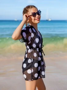 Girls Polka Dot Print Drawstring Waist Mesh Kimono - Black - View 5