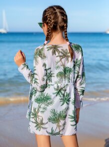 Girls Palm Tree Print Drawstring Waist Mesh Kimono - Multicolor - View 2