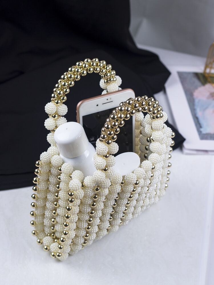 Waterproof,Lightweight,Business Casual Mini Beaded Design Satchel Bag For Teen Girls Women College Students,Rookies & White-collar Workers Perfect for Office,College,Work ,Business,Commute - Gold - View 4