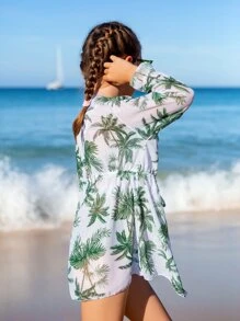 Girls Palm Tree Print Drawstring Waist Mesh Kimono - Multicolor - View 3