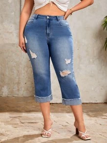 SHEIN Frenchy 大碼破洞毛邊緣卷邊牛仔褲 - 中等水洗藍 - 查看 1