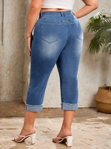 SHEIN Frenchy 大碼破洞毛邊緣卷邊牛仔褲 - 中等水洗藍 - 查看 2