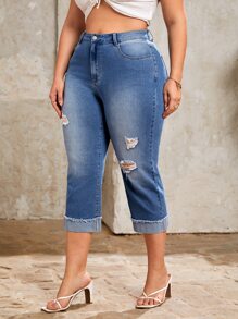 SHEIN Frenchy 大碼破洞毛邊緣卷邊牛仔褲 - 中等水洗藍 - 查看 3