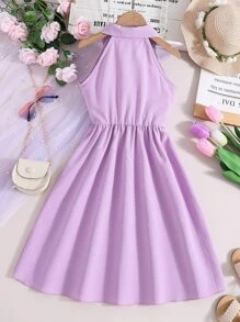 SHEIN Girls Half Button Bow Front Shirt Dress - Lilac Purple - View 2