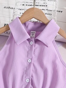 SHEIN Girls Half Button Bow Front Shirt Dress - Lilac Purple - View 5