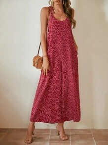 SHEIN VCAY Mono de tirantes con estampado de lunares con bolsillo oculto - Rojo - Ver 3