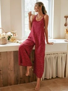 SHEIN VCAY Mono de tirantes con estampado de lunares con bolsillo oculto - Rojo - Ver 5