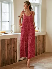 SHEIN VCAY Mono de tirantes con estampado de lunares con bolsillo oculto - Rojo - Ver 1