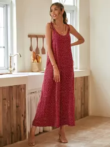 SHEIN VCAY Mono de tirantes con estampado de lunares con bolsillo oculto - Rojo - Ver 6