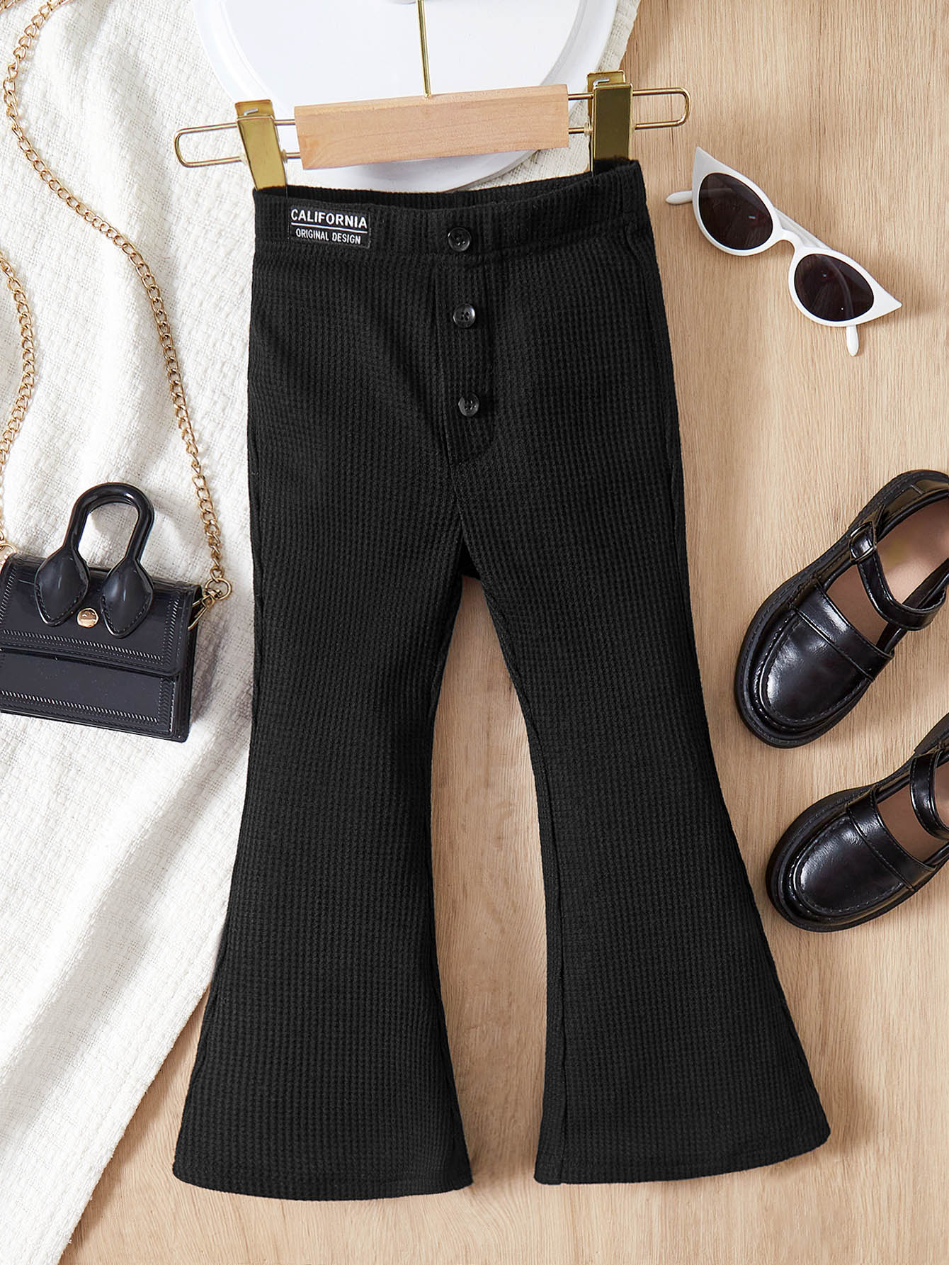 SHEIN Cô Gái Trẻ Chi tiết Patched thư Quần ống loe - màu đen - Xem 1