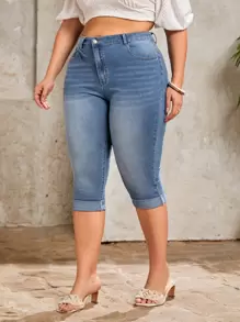 SHEIN Frenchy Plus Roll Up Hem Skinny Capri Jeans - Light Wash - View 1