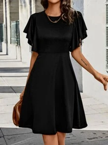 SHEIN Clasi Solid Butterfly Sleeve A-line Dress - Black - View 1