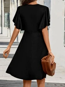 SHEIN Clasi Solid Butterfly Sleeve A-line Dress - Black - View 2