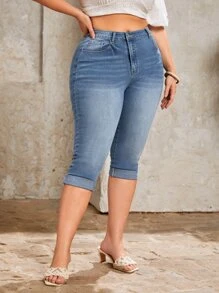 SHEIN Frenchy Plus Roll Up Hem Skinny Capri Jeans - Light Wash - View 4