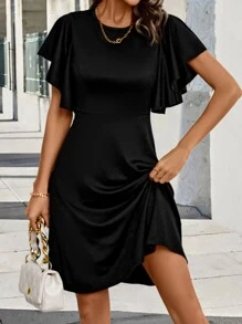 SHEIN Clasi Solid Butterfly Sleeve A-line Dress - Black - View 3