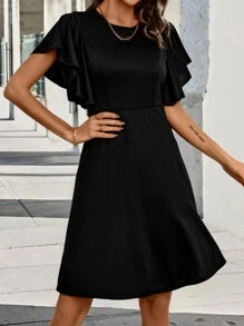 SHEIN Clasi Solid Butterfly Sleeve A-line Dress - Black - View 5