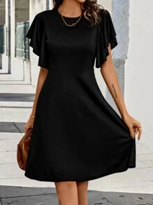 SHEIN Clasi Solid Butterfly Sleeve A-line Dress - Black - View 6