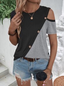 SHEIN LUNE 雙色肩部挖空紐扣細節T恤 - 黑色 - 查看 1