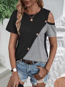 SHEIN LUNE 雙色肩部挖空紐扣細節T恤 - 黑色 - 查看 4