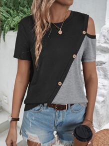 SHEIN LUNE 雙色肩部挖空紐扣細節T恤 - 黑色 - 查看 5