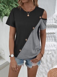 SHEIN LUNE 雙色肩部挖空紐扣細節T恤 - 黑色 - 查看 6