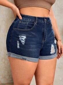 EMERY ROSE 加大码破洞卷边牛仔短裤女士夏季服装节日服装度假服装女士波西米亚风女装 - 深色水洗藍 - 查看 4