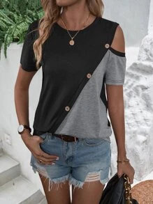 SHEIN LUNE 雙色肩部挖空紐扣細節T恤 - 黑色 - 查看 7