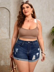 EMERY ROSE 加大码破洞卷边牛仔短裤女士夏季服装节日服装度假服装女士波西米亚风女装 - 深色水洗藍 - 查看 5