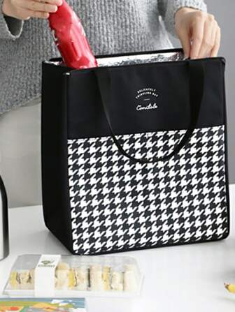 1pc Houndstooth & Letter Graphic Lunch Bag, Cute Polyester Portable Lunch Bag For Student And Picnic,Back To School