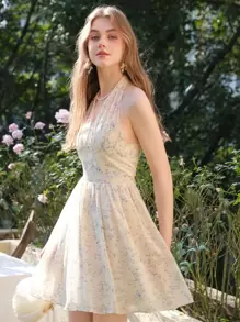 Ditsy Floral Print Tie Backless Halter Dress - Beige - View 2