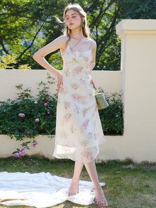 Floral Print Shirred Back Cami Dress - White - View 4