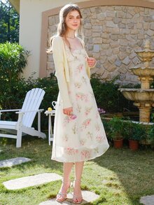 Floral Print Shirred Back Cami Dress - White - View 6