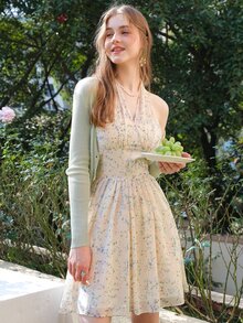 Ditsy Floral Print Tie Backless Halter Dress - Beige - View 5