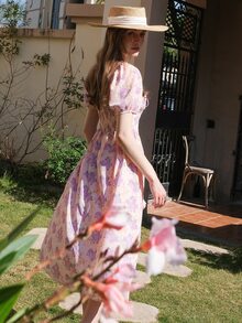 Đầm Dải chun Thắt nơ trước Nếp gấp Phần Ngực Hoa Tất cả trên in Boho - Nhiều màu - Xem 2