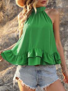 SHEIN WYWH 素色多層下擺繞頸襯衫 - 綠色 - 查看 4