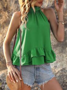 SHEIN WYWH 素色多層下擺繞頸襯衫 - 綠色 - 查看 5