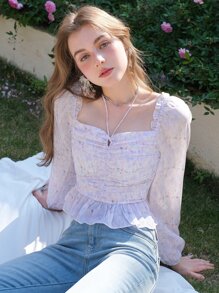 Square Neck Ruched Bust Ruffle Hem Blouse - Lilac Purple - View 1