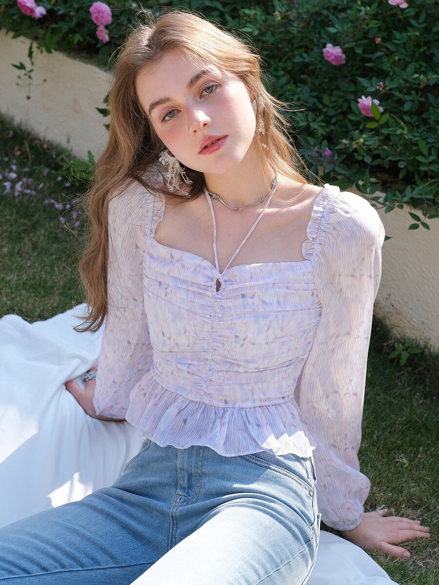 Square Neck Ruched Bust Ruffle Hem Blouse - Lilac Purple - View 1