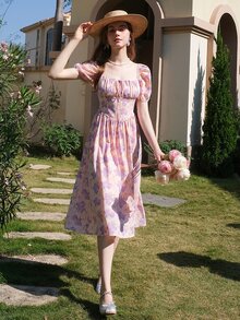 Đầm Dải chun Thắt nơ trước Nếp gấp Phần Ngực Hoa Tất cả trên in Boho - Nhiều màu - Xem 6