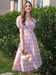 Đầm Dải chun Thắt nơ trước Nếp gấp Phần Ngực Hoa Tất cả trên in Boho - Nhiều màu - Xem 7