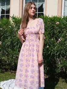 Đầm Dải chun Thắt nơ trước Nếp gấp Phần Ngực Hoa Tất cả trên in Boho - Nhiều màu - Xem 8