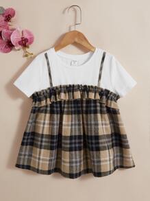 SHEIN Chicas Camiseta 2 en 1 con estampado de cuadros ribete con fruncido - Multicolor - Ver 1