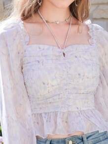 Square Neck Ruched Bust Ruffle Hem Blouse - Lilac Purple - View 3