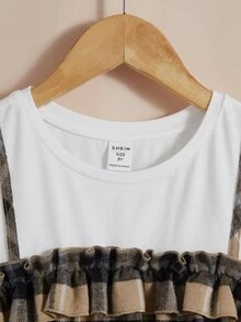 SHEIN Chicas Camiseta 2 en 1 con estampado de cuadros ribete con fruncido - Multicolor - Ver 3