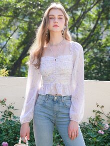 Square Neck Ruched Bust Ruffle Hem Blouse - Lilac Purple - View 5