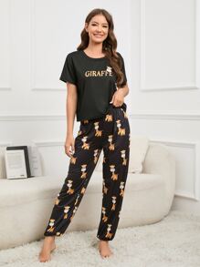 Letter & Cartoon Graphic PJ Set - Black - View 1