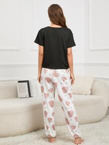 Conjunto de pijama con estampado de letra y corazón - Blanco y Negro - Ver 2