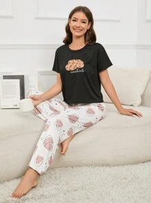 Conjunto de pijama con estampado de letra y corazón - Blanco y Negro - Ver 3