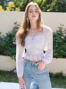 Square Neck Ruched Bust Ruffle Hem Blouse - Lilac Purple - View 6